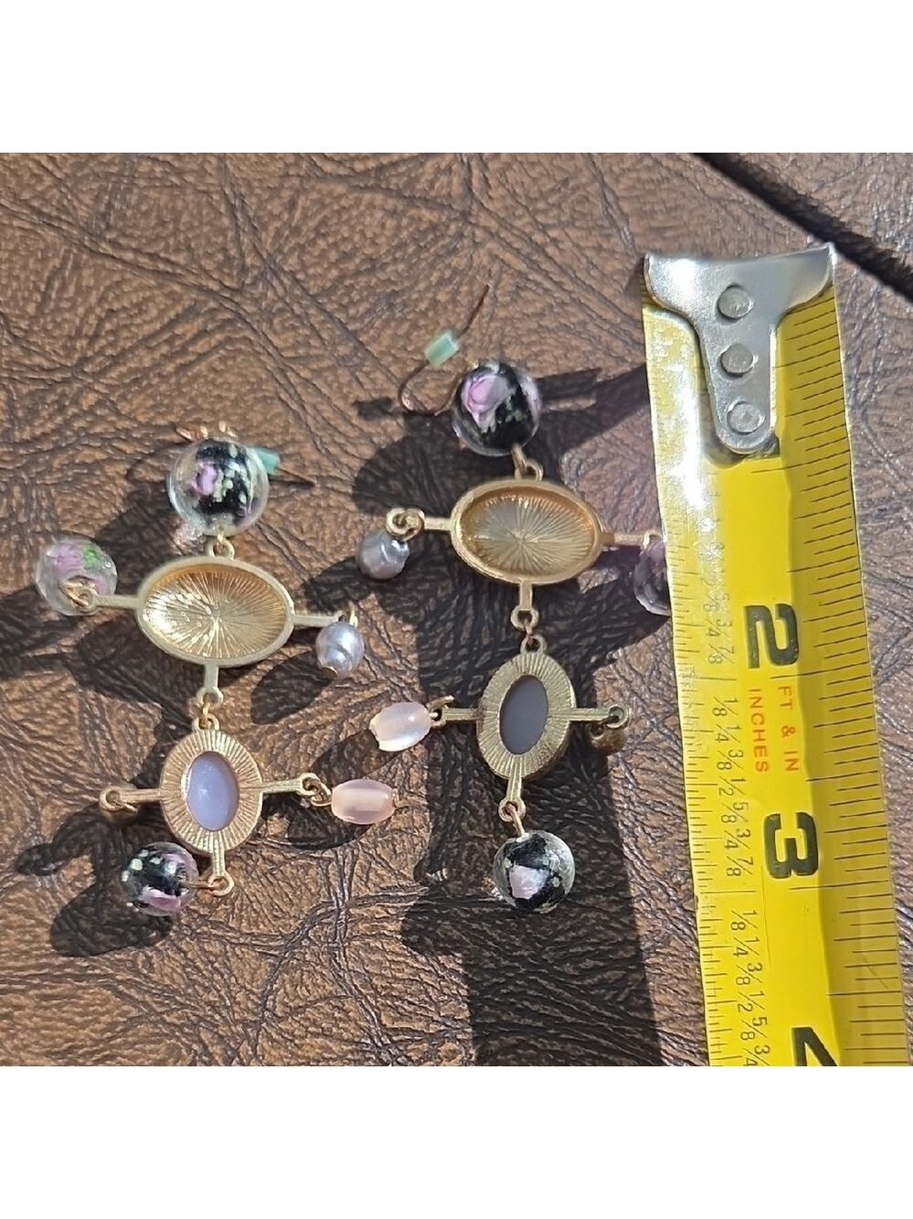 Boutique Gold and Pink Dangle Earrings Beads Victorian Boho - Picture 4 of 6